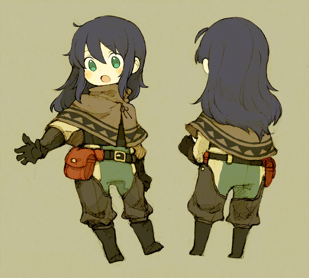 1boy, :o, androgynous, belt, black_hair, gloves, green_eyes, long_hair, maniani, original, shawl, simple_background, solo