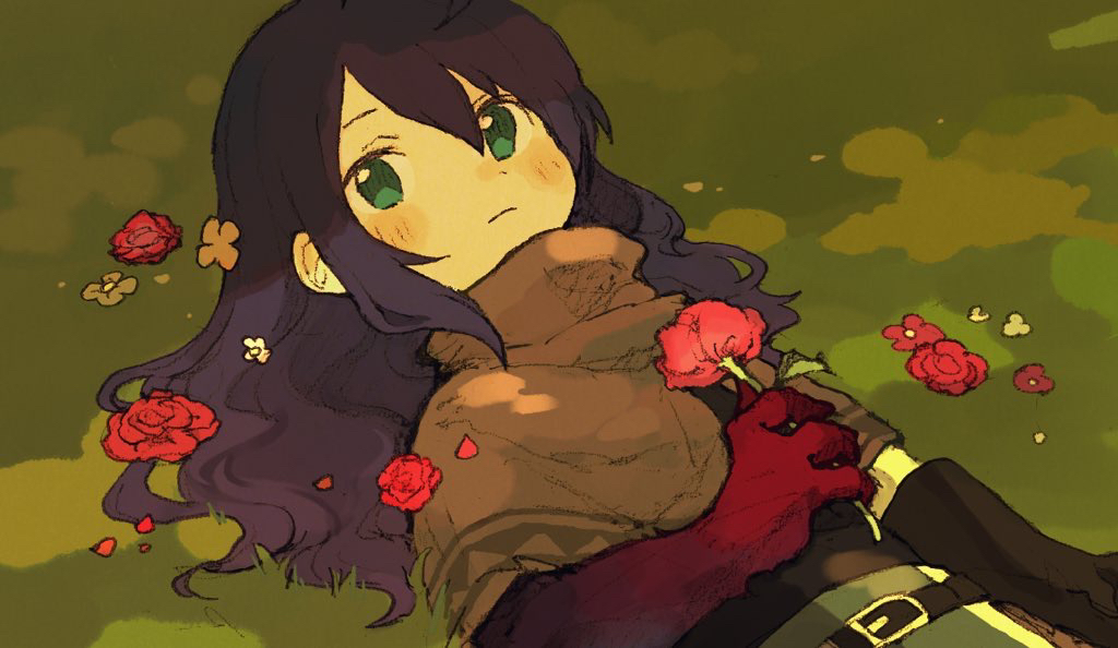 1boy, androgynous, belt, black_hair, fantasy, flower, gloves, green_eyes, holding, holding_flower, long_hair, lying, maniani, monster_boy, on_back, original, petals, rose, rose_petals, shawl, solo