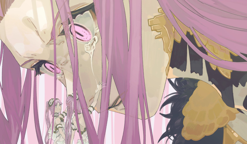 commentary_request, dress, e1voipius52iwof, euryale, fate/grand_order, fate_(series), frilled_dress, frills, giantess, gorgon_(fate), gothic_lolita, hand_on_another's_face, highres, lolita_fashion, long_hair, pink_hair, pink_pupils, rectangular_pupils, scales, siblings, sisters, stheno, tears