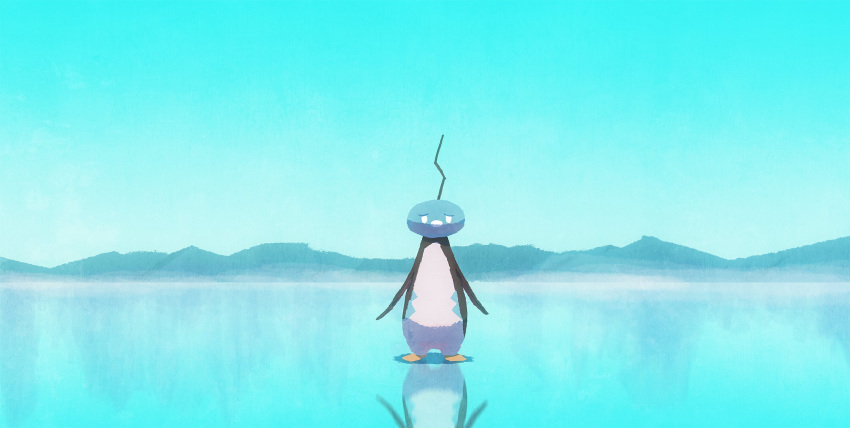 arms_at_sides, bird, day, eiscue, eiscue_(noice), gen_8_pokemon, highres, hyogonosuke, ice, looking_at_viewer, no_humans, outdoors, penguin, pokemon, pokemon_(creature), reflection, standing