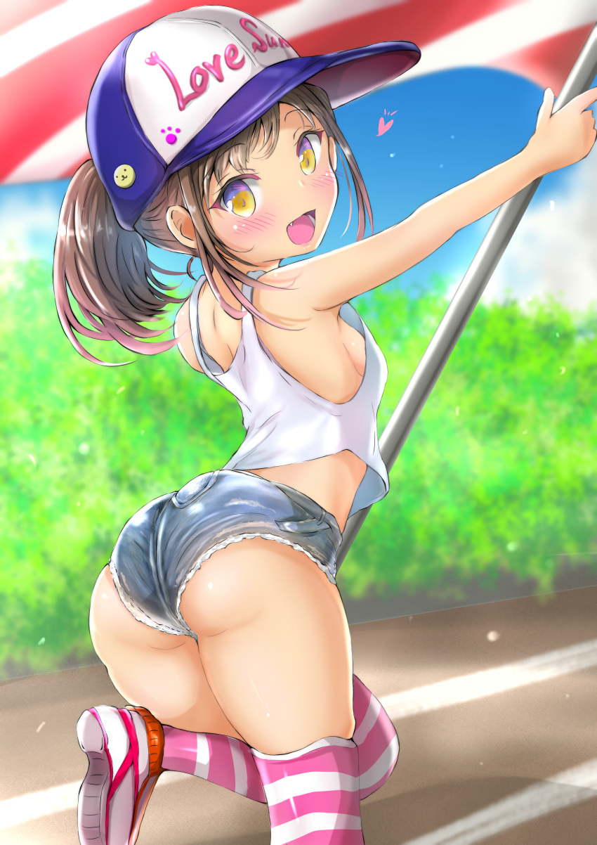 1girl, absurdres, armpits, ass, bangs, baseball_cap, blue_sky, breasts