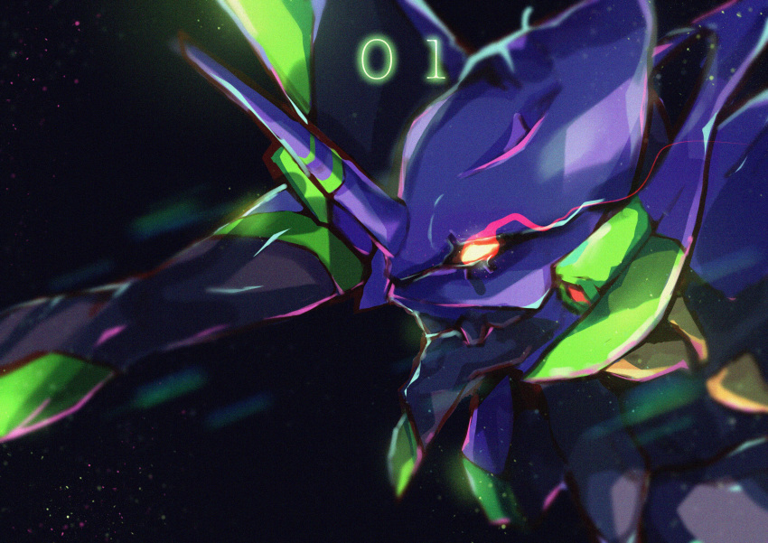 absurdres, black_background, close-up, eva_01, from_side, glowing, glowing_eyes, highres, horns, huge_filesize, looking_ahead, mariobaby, mecha, neon_genesis_evangelion, no_humans, single_horn, solo, yellow_eyes