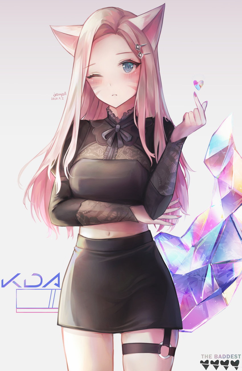1girl, absurdres, ahri, animal_ears, black_skirt, blonde_hair, blue_eyes, breasts