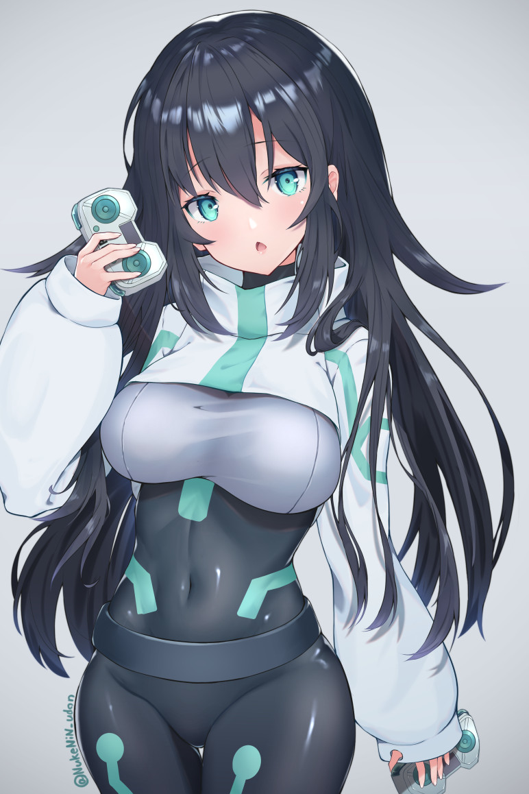 1girl, aqua_eyes, artist_name, black_hair, bodysuit, breasts, controller, covered_navel, gundam, gundam_build_divers, gundam_build_divers_re:rise, holding, holding_controller, large_breasts, long_hair, looking_at_viewer, may_(gundam_build_divers_re:rise), nukenin, open_mouth, shrug_(clothing), skin_tight, solo, very_long_hair