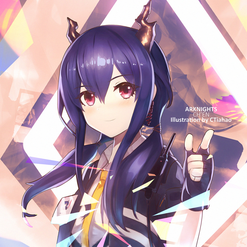 1girl, arknights, artist_name, black_hair, ch'en_(arknights), character_name, ctiahao, finger_gun