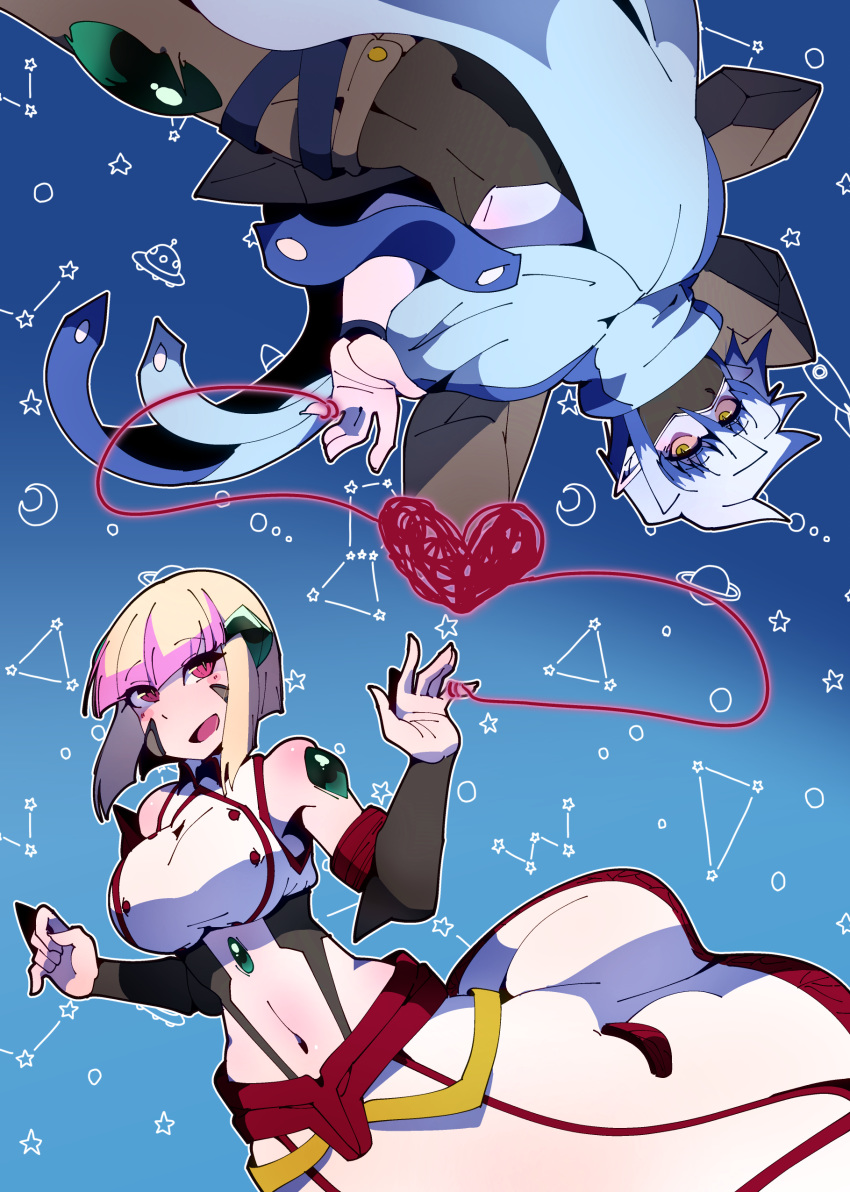 1boy, 1girl, absurdres, blonde_hair, breasts, byakko_(shinkalion), heart, highres