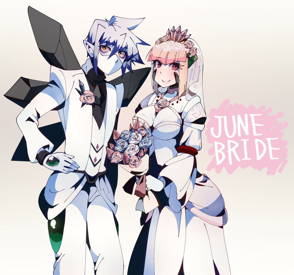 1boy, 1girl, blonde_hair, bouquet, bride, byakko_(shinkalion), couple, english_text