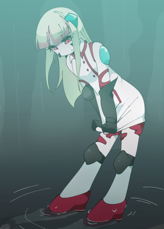 1girl, blonde_hair, kinugawawolf, kitoralsus, leaning_forward, long_hair, looking_down, red_eyes