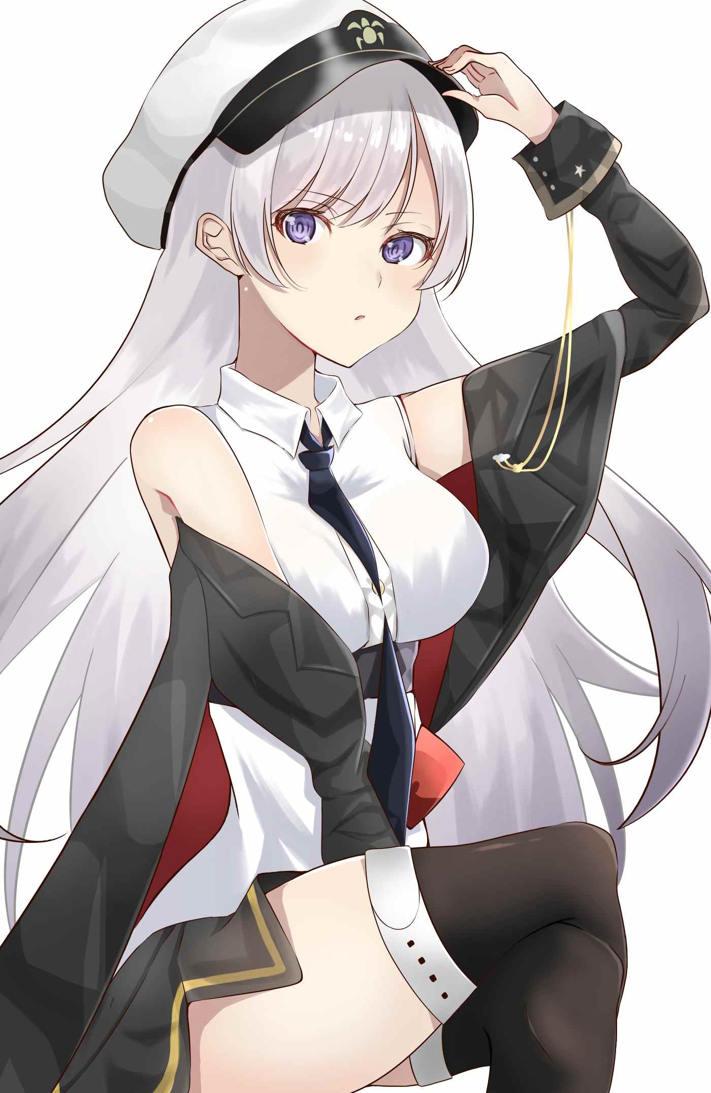 1girl, :o, adjusting_clothes, adjusting_headwear, azur_lane, bangs, bare_shoulders, black_neckwear