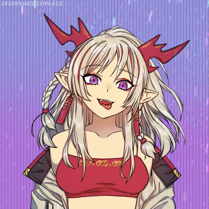 1girl, :d, arknights, bare_shoulders, braid, breasts, cocopeace, earrings, eyeliner, fangs, horns, jewelry, long_hair, looking_at_viewer, makeup, nian_(arknights), off_shoulder, open_mouth, pointy_ears, ponytail, redhead, silver_hair, smile, solo, teeth, tongue, tongue_out, violet_eyes