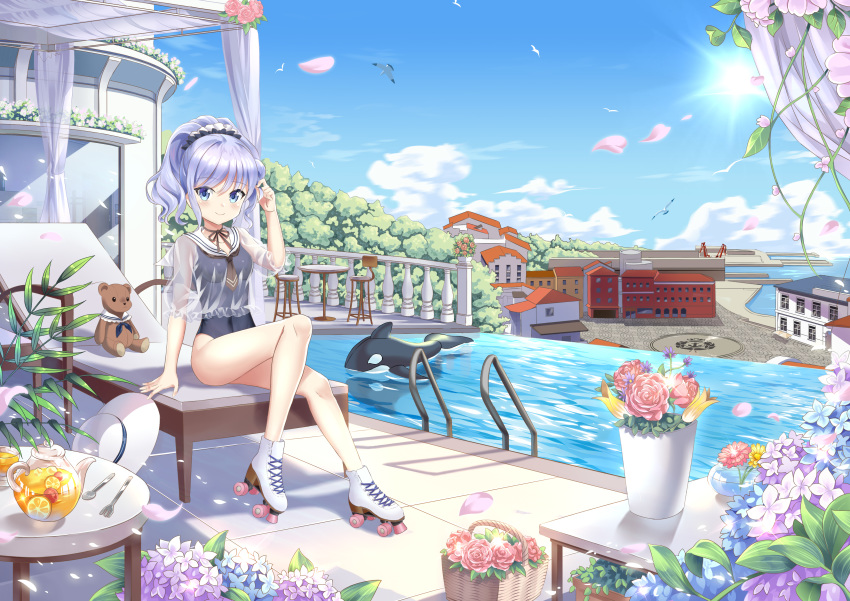 1girl, absurdres, basket, blue_eyes, blue_hair, breasts, building, chair