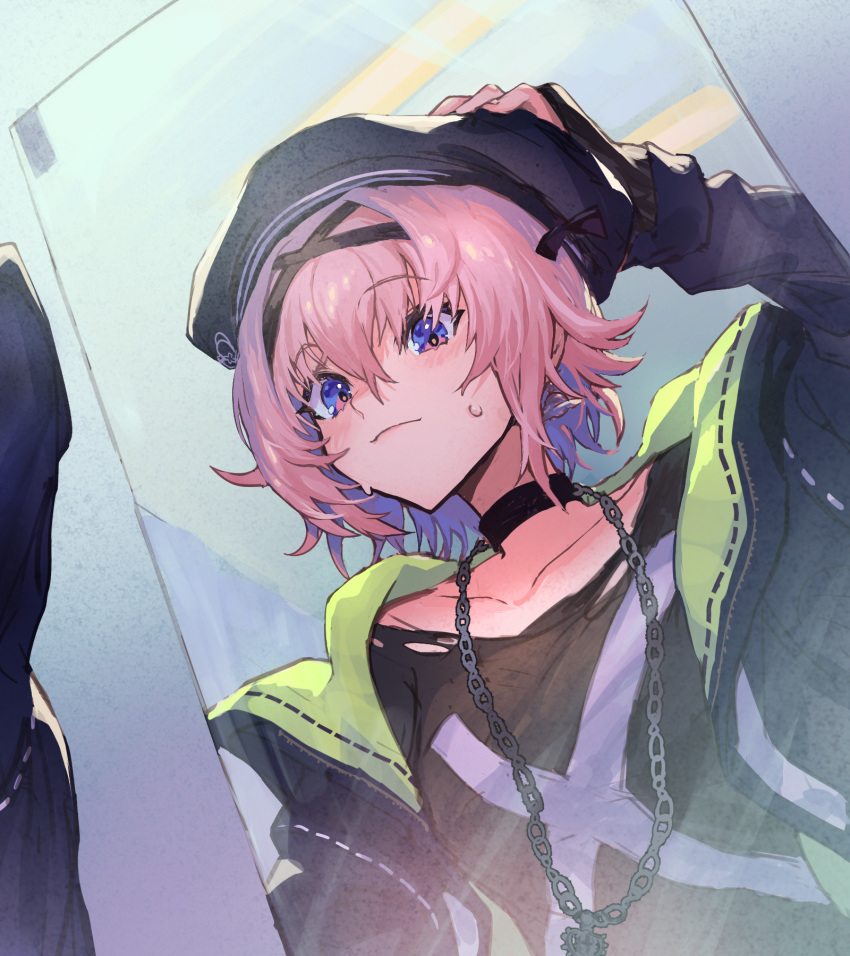 1girl, arm_up, bangs, beret, black_choker, black_headwear, black_jacket, black_shirt