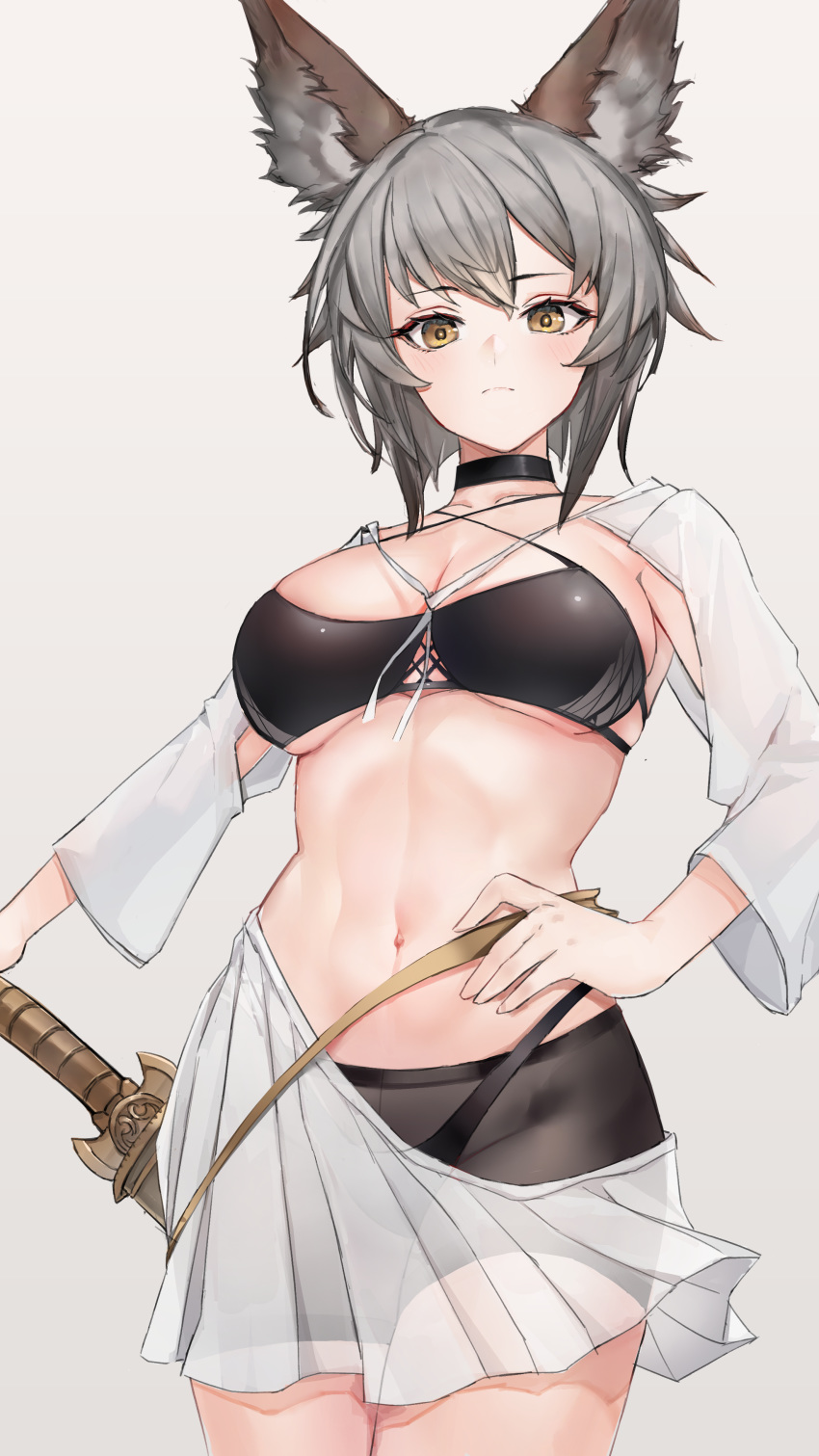 1girl, absurdres, alliah_istavion, animal_ears, armor_removed, bike_shorts, bikini, bikini_top, brown_eyes, brown_hair, choker, commentary_request, detached_sleeves, erune, expressionless, granblue_fantasy, hand_on_hip, harapan_(akb0049), highres, looking_at_viewer, navel, short_hair, simple_background, solo, swimsuit, sword, weapon