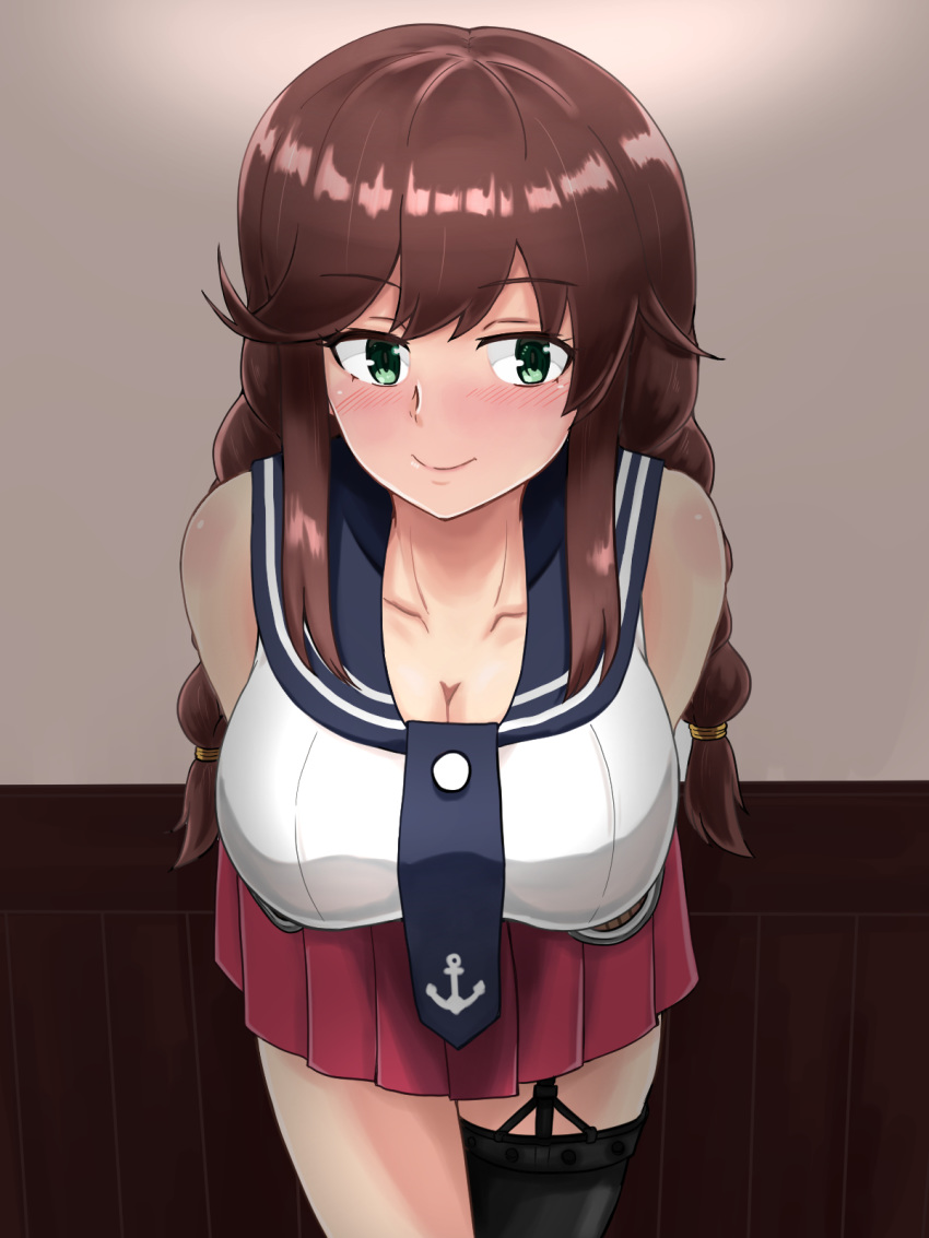 1girl, anchor_symbol, asymmetrical_legwear, bangs, black_legwear, blue_neckwear, braid, breasts, brown_hair, collarbone, from_above, garter_straps, green_eyes, highres, kaminashi_yamato, kantai_collection, large_breasts, miniskirt, necktie, noshiro_(kantai_collection), pleated_skirt, red_skirt, school_uniform, serafuku, single_thighhigh, skirt, solo, swept_bangs, thigh-highs, twin_braids