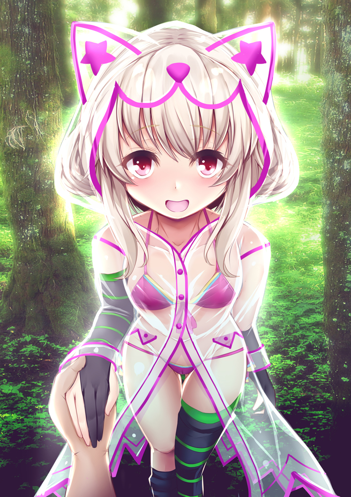 1girl, asymmetrical_legwear, bangs, black_gloves, black_legwear, blush, breasts, collarbone, fate/grand_order, fate/kaleid_liner_prisma_illya, fate_(series), gloves, holding_hands, illyasviel_von_einzbern_(swimsuit_archer)_(fate), koza900, long_hair, looking_at_viewer, navel, open_mouth, out_of_frame, raincoat, red_eyes, see-through, small_breasts, smile, thigh-highs, thighs, white_hair