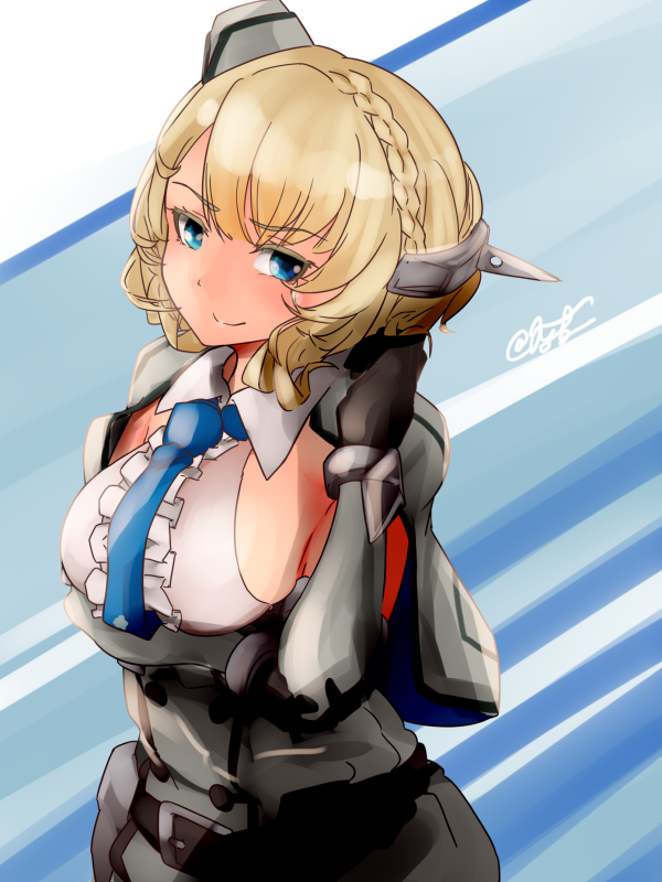 1girl, black_gloves, blonde_hair, blue_eyes, blue_neckwear, breasts, capelet, colorado_(kantai_collection)