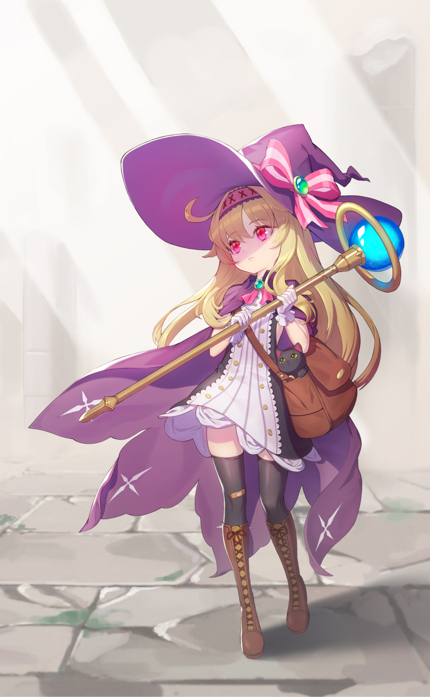 1girl, absurdres, ahoge, bag, bandaid, bandaid_on_clothes, bandaid_on_knee, black_cat