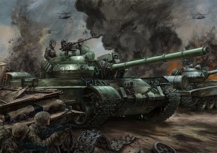 4boys, absurdres, aircraft, caterpillar_tracks, clouds, day, dshk, ground_vehicle