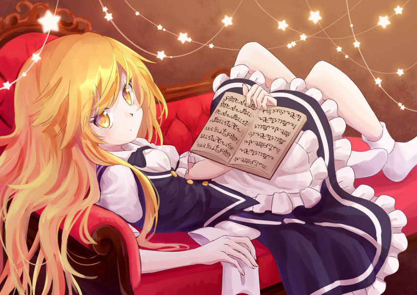 1girl, absurdres, book, couch, highres, indoors, kirisame_marisa, looking_at_viewer
