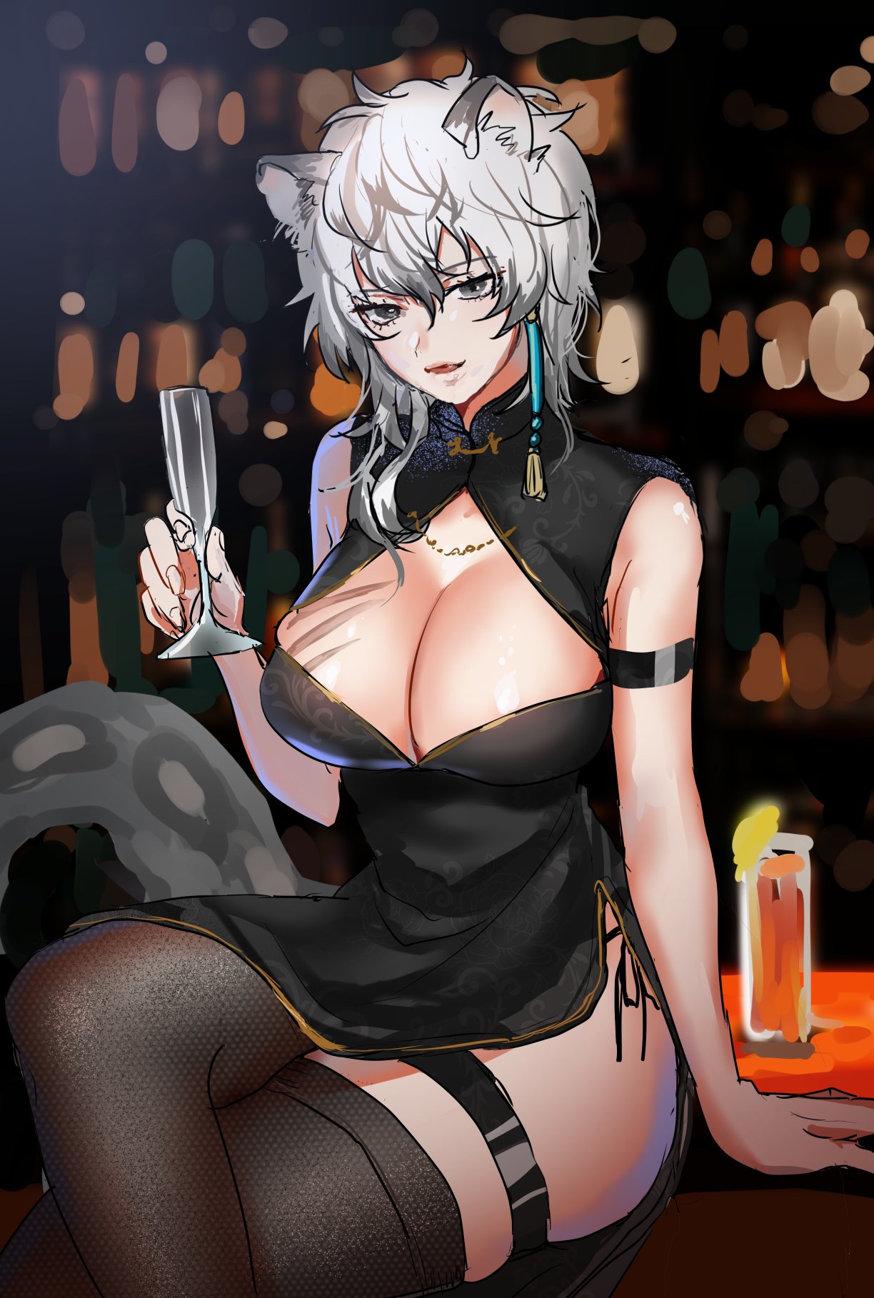 1girl, animal_ears, arknights, arm_strap, arm_support, bare_arms, bare_shoulders, black_dress