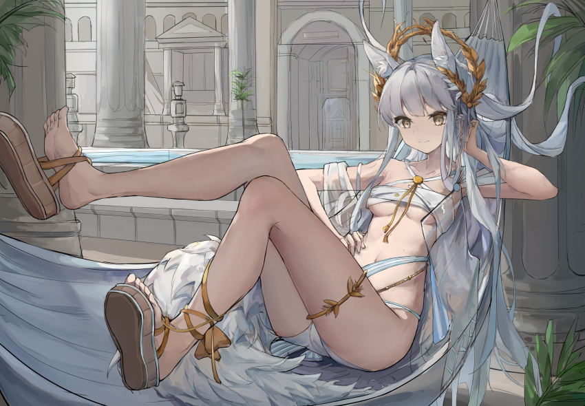 1girl, animal_ear_fluff, animal_ears, arknights, barefoot, bikini, bikini_bottom, bikini_top