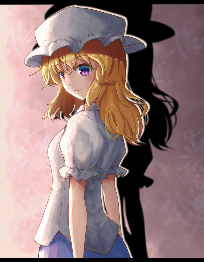 1girl, absurdres, blonde_hair, hat, highres, light_blue_shirt, looking_at_viewer, lying