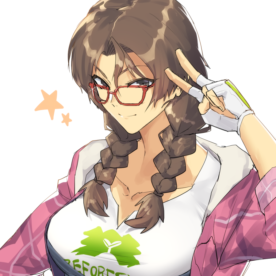 1girl, braid, breasts, brown_eyes, brown_hair, collarbone, fingerless_gloves, gloves