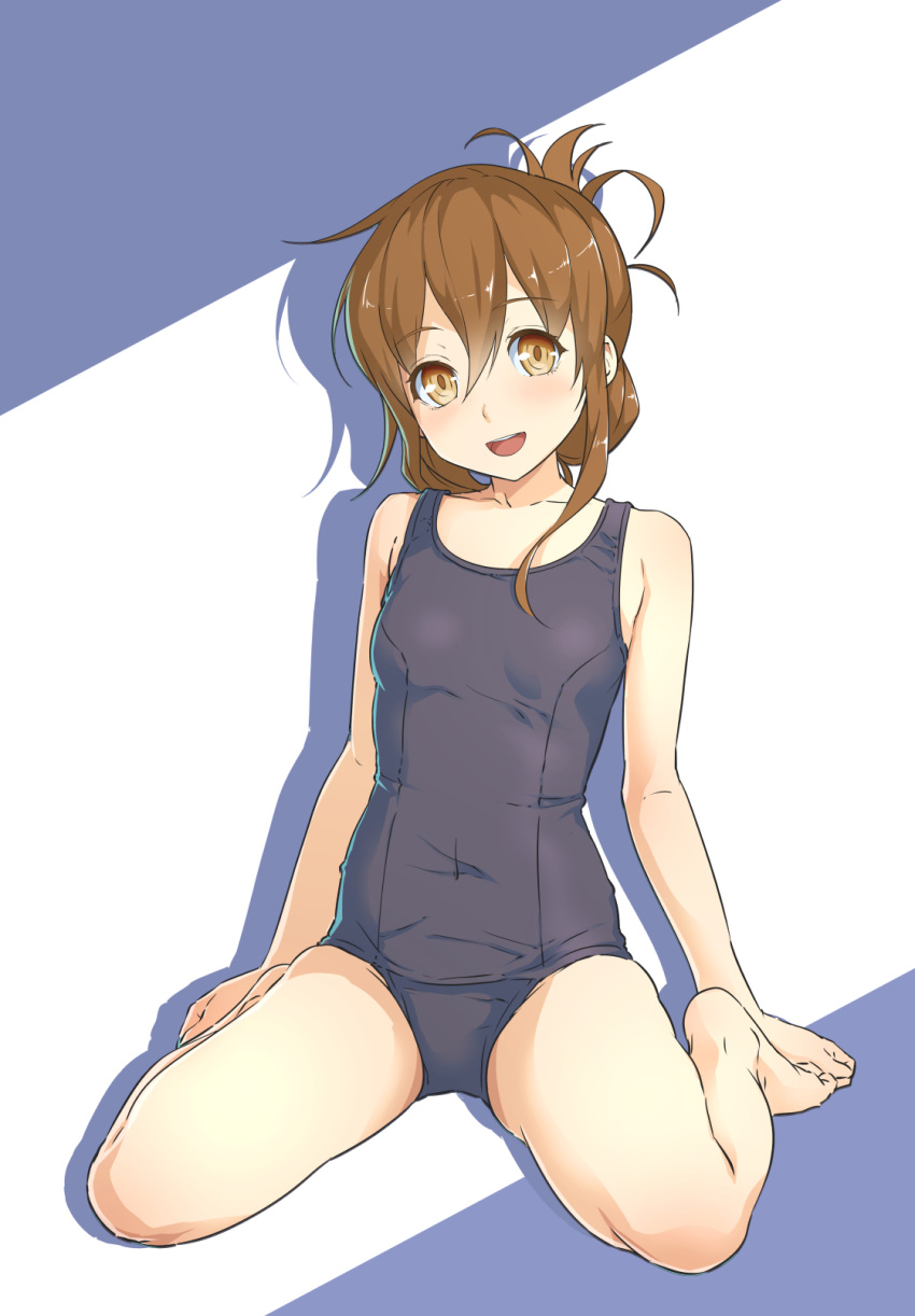 1girl, blue_background, blue_swimsuit, breasts, brown_eyes, brown_hair, collarbone, eyebrows_visible_through_hair