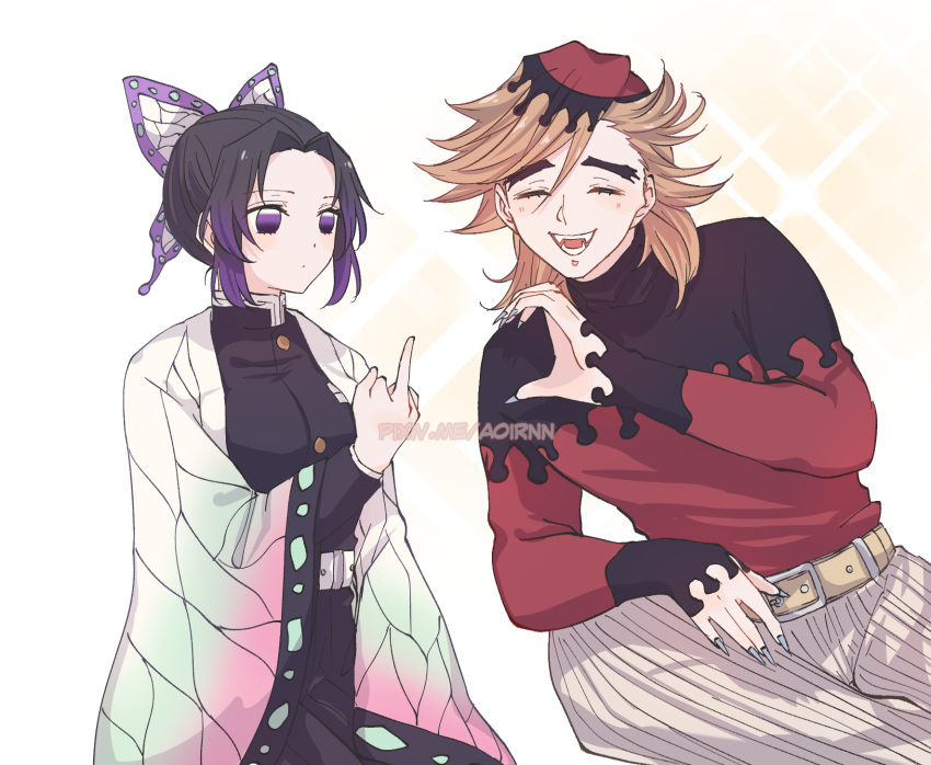 1boy, 1girl, animal_print, aoirnn, belt, belt_buckle, black_hair, black_jacket