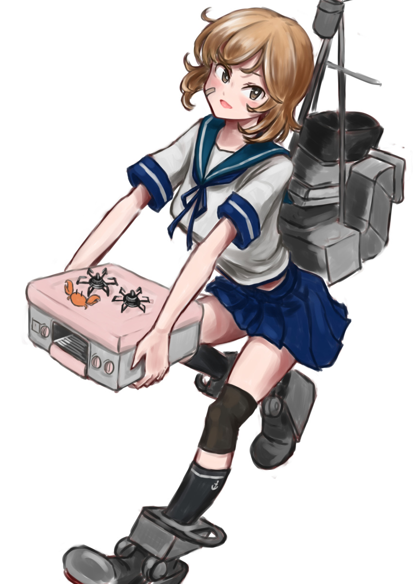 1girl, bandaid, bandaid_on_face, black_legwear, blush, brown_eyes, brown_hair, commentary