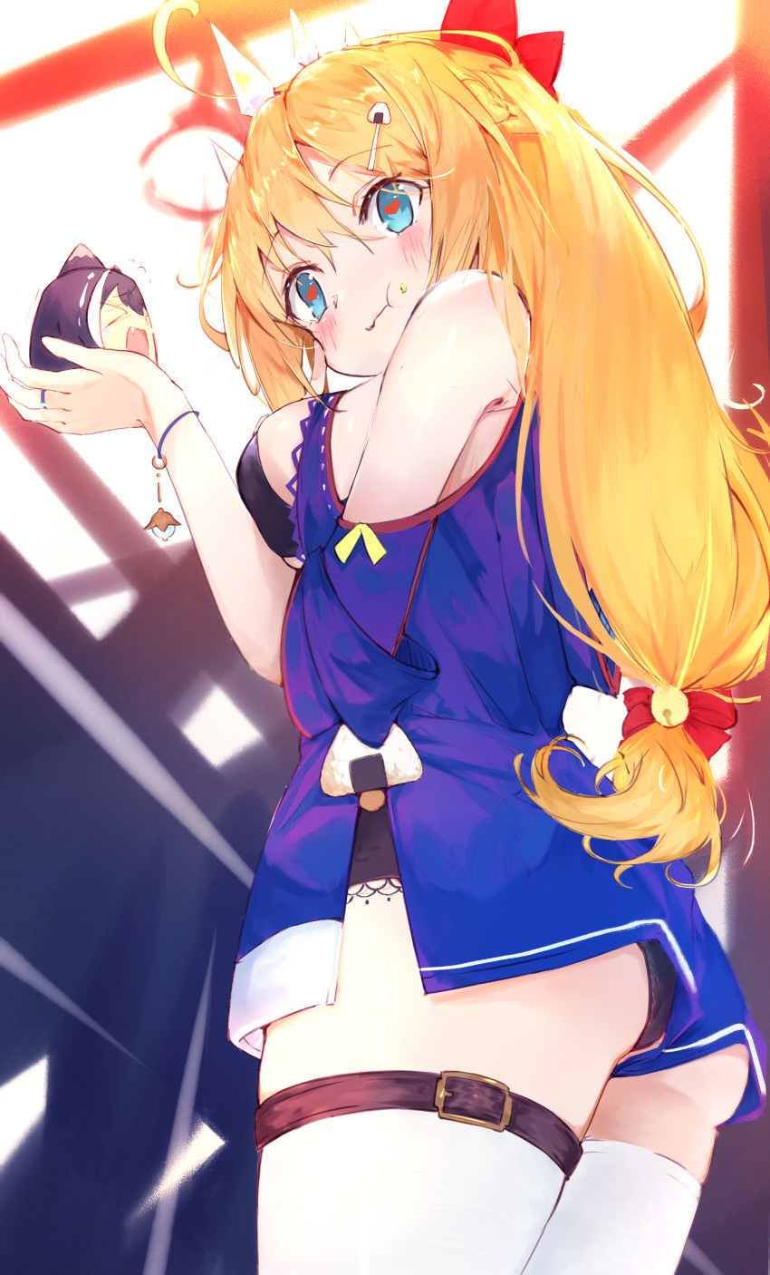 1girl, 999kun, absurdres, ahoge, ass, bangs, blue_eyes, blue_shirt, blush, bracelet, breasts, cowboy_shot, eating, eyebrows_visible_through_hair, food, from_below, hair_between_eyes, hair_ornament, hair_ribbon, heart, heart-shaped_pupils, highres, jewelry, karyl_(princess_connect!), large_breasts, long_hair, looking_at_viewer, low_tied_hair, off_shoulder, onigiri, onigiri_hair_ornament, orange_hair, pecorine_(princess_connect!), princess_connect!, princess_connect!_re:dive, red_ribbon, ribbon, shirt, symbol-shaped_pupils, thigh-highs, tiara, underwear, very_long_hair, white_legwear