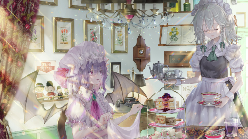 2girls, apron, ascot, bangs, bat_wings, black_dress, book, bow