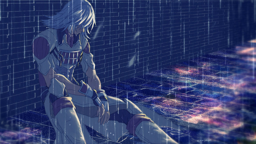 1boy, armor, blue_theme, brick_wall, collared_shirt, gloom_(expression), highres, jin_(xenoblade)