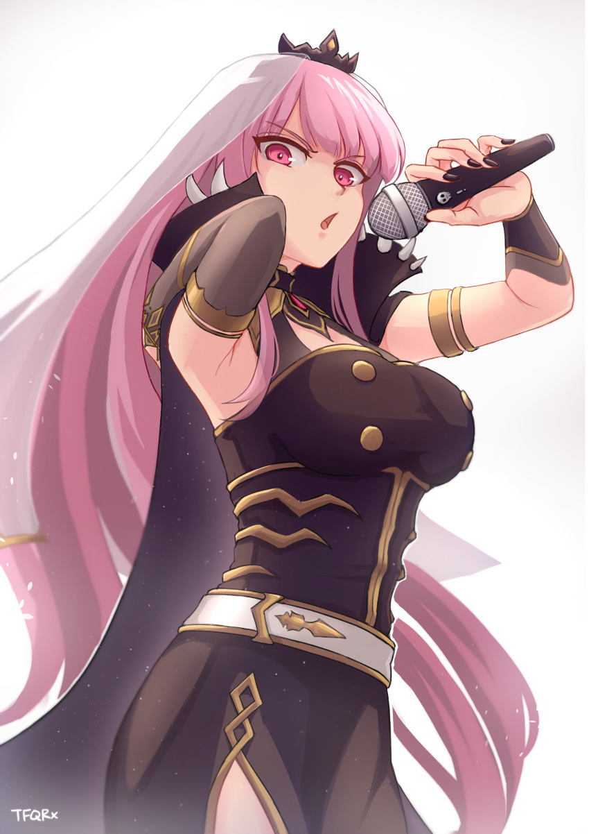 1girl, absurdres, armband, armpits, bangs, belt, black_dress, black_nails
