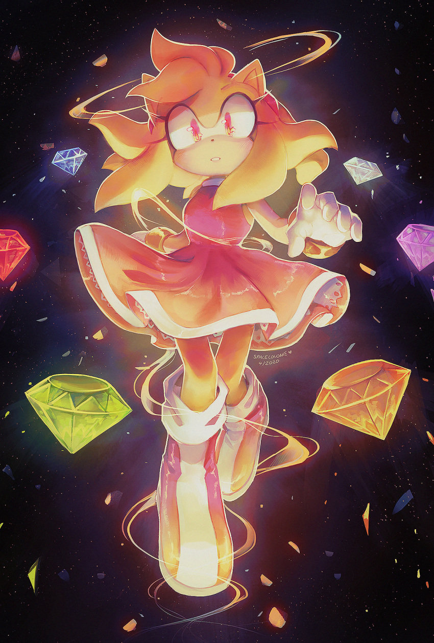 1girl, alternate_form, amy_rose, animal_ears, artist_name, backlighting, bangs, bare_shoulders