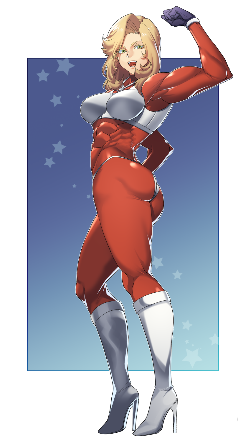 1girl, abs, ass, biceps, black_gloves, blonde_hair, blue_background, bodysuit, boots, border, breasts, clenched_hand, commentary, commission, english_commentary, f-zero, flexing, full_body, gloves, green_eyes, high_heel_boots, high_heels, highres, houjoh_(7th-heaven), impossible_armor, knee_boots, medium_breasts, medium_hair, monique_l'amoreaux, muscle, muscular_female, open_mouth, outside_border, panties_over_clothes, pose, red_bodysuit, silver_bikini, silver_footwear, skin_tight, solo, standing, starry_background, thick_thighs, thighs, upper_teeth, white_border