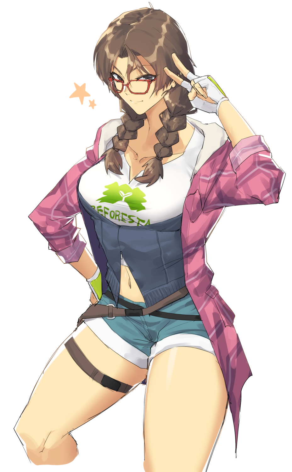 1girl, belt, braid, breasts, brown_eyes, brown_hair, collarbone, cropped_legs
