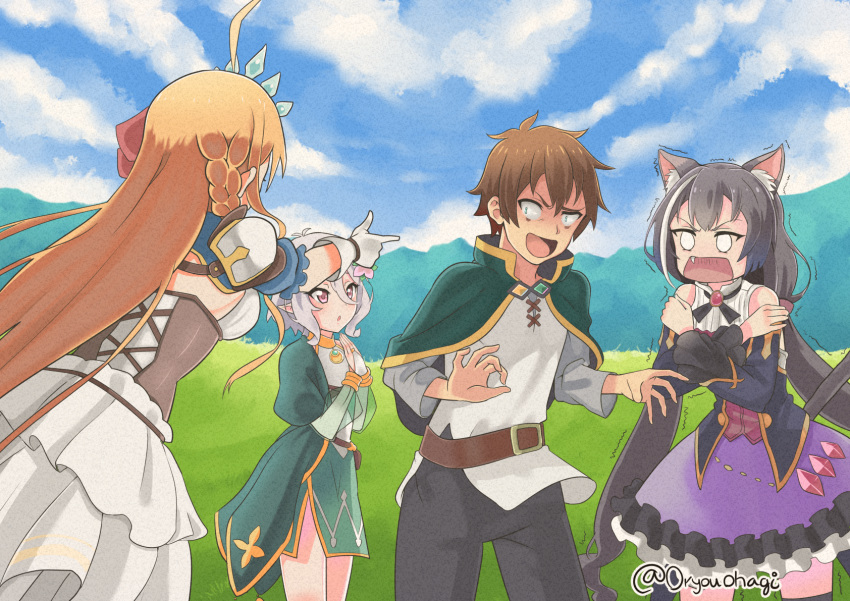 1boy, 3girls, animal_ear_fluff, animal_ears, belt, black_hair, black_pants, blank_eyes, blonde_hair, blue_sky, blue_sleeves, bow, braid, brown_belt, brown_hair, bustier, cat_ears, clouds, crossed_arms, crossover, day, detached_sleeves, fang, floating_hair, gloves, green_capelet, green_skirt, hair_bow, highlights, highres, karyl_(princess_connect!), kokkoro_(princess_connect!), kono_subarashii_sekai_ni_shukufuku_wo!, layered_skirt, long_hair, long_sleeves, medium_skirt, miniskirt, mountainous_horizon, multicolored_hair, multiple_girls, oryouohagi, outdoors, pants, pecorine_(princess_connect!), pink_eyes, princess_connect!, princess_connect!_re:dive, purple_skirt, red_bow, satou_kazuma, shiny, shiny_hair, shirt, short_hair, short_sleeves, side_slit, silver_hair, single_braid, skirt, sky, thigh-highs, trembling, twitter_username, very_long_hair, white_gloves, white_shirt, white_skirt