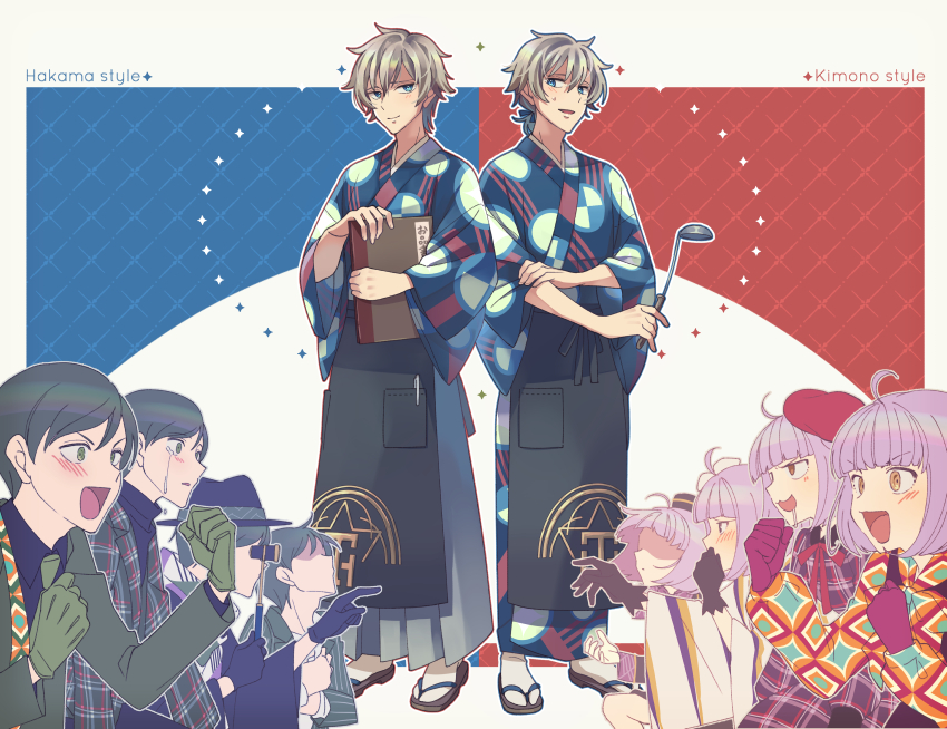 1girl, 2boys, :d, apron, black_gloves, black_headwear, blue_eyes, blush