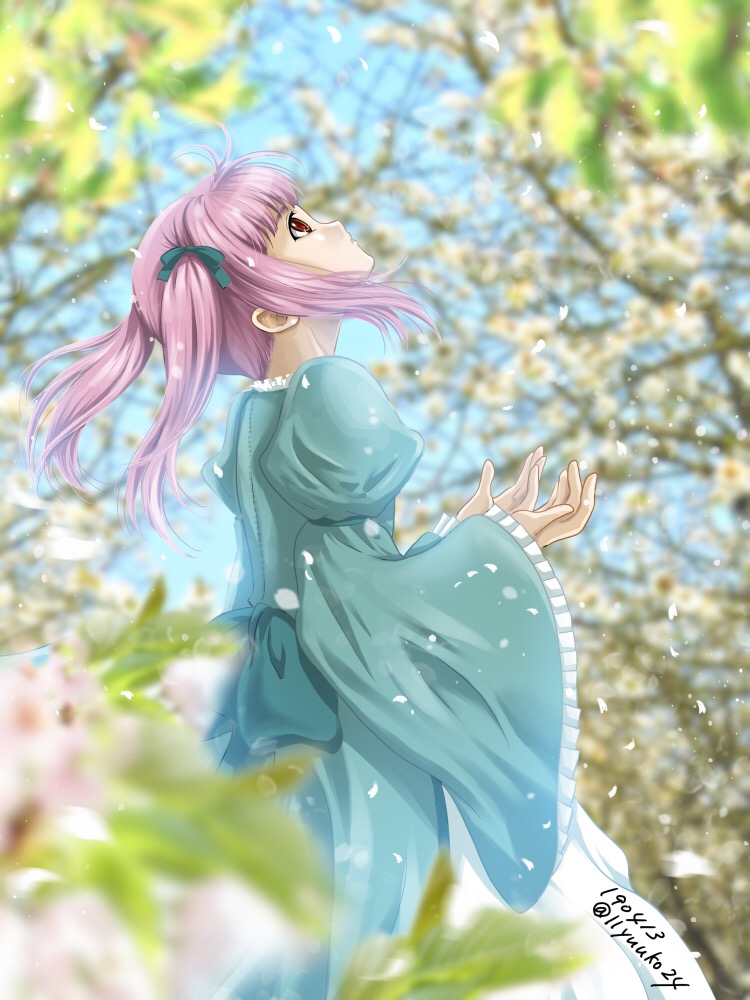1girl, blue_bow, blue_dress, blurry, blurry_background, blurry_foreground, bow, day