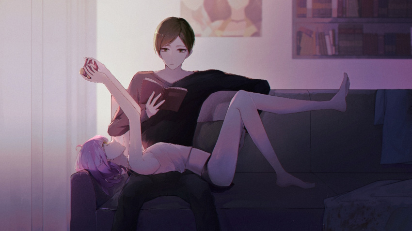 1boy, 1girl, across_lap, barefoot, black_shirt, bookshelf, couch, crop_top