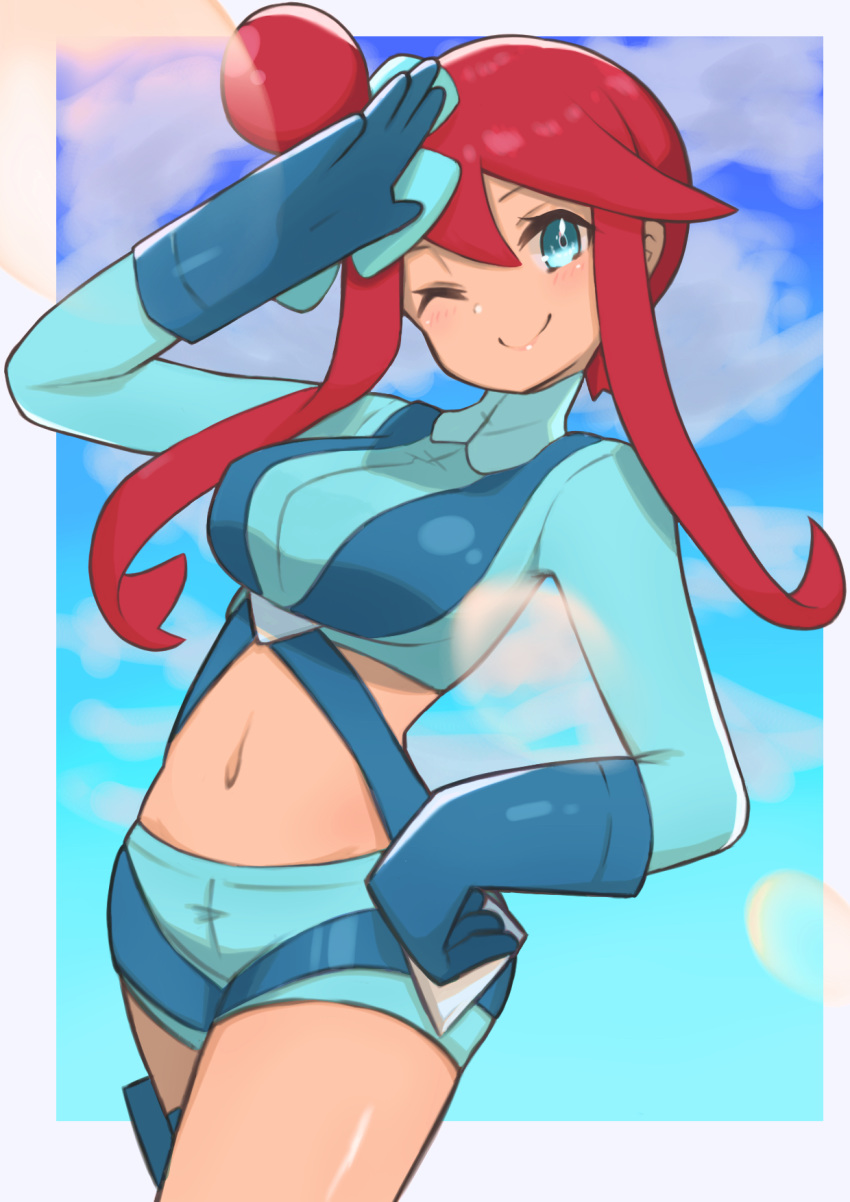 1girl, aqua_eyes, aqua_shorts, blue_gloves, blush, breasts, closed_mouth, commentary_request, crop_top, eyelashes, gloves, gym_leader, hair_ornament, hand_on_hip, hand_up, highres, holster, long_hair, midriff, navel, nuneno, one_eye_closed, pokemon, pokemon_(game), pokemon_bw, redhead, salute, short_shorts, shorts, sidelocks, skyla_(pokemon), smile, solo