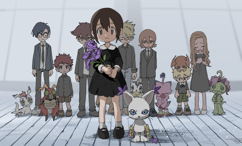 6+boys, 6+girls, agumon, black_clothes, black_dress, black_suit, child, commentary