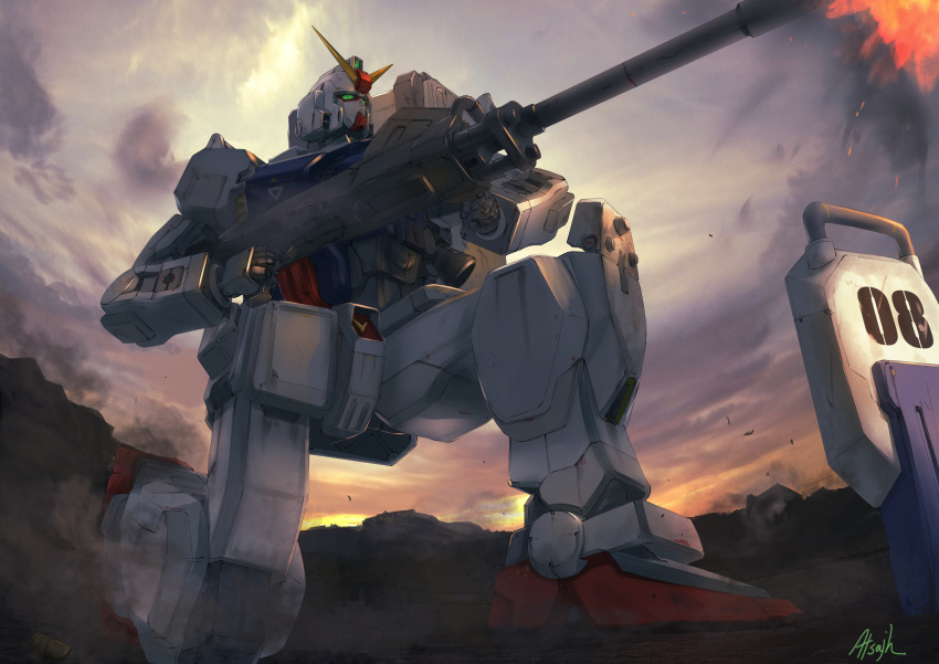 artist_name, atsajh, from_below, green_eyes, ground_gundam, gun, gundam, gundam_08th_ms_team, highres, holding, holding_gun, holding_weapon, kneeling, looking_up, mecha, no_humans, shield, solo, v-fin, weapon