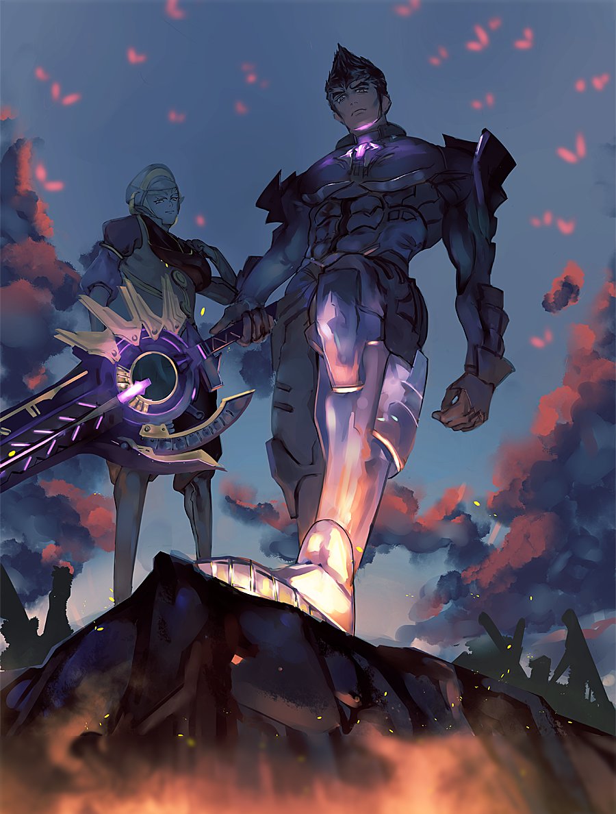 2boys, abs, amalthus_(xenoblade), armor, black_hair, blue_skin, chest_jewel, from_below