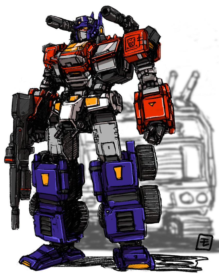 autobot, battle_convoy, clenched_hand, diaclone, gun, highres, holding, holding_gun, holding_weapon, insignia, mecha, moyan, no_humans, optimus_prime, procreate_(medium), shoulder_cannon, solo, standing, transformers, weapon, yellow_eyes