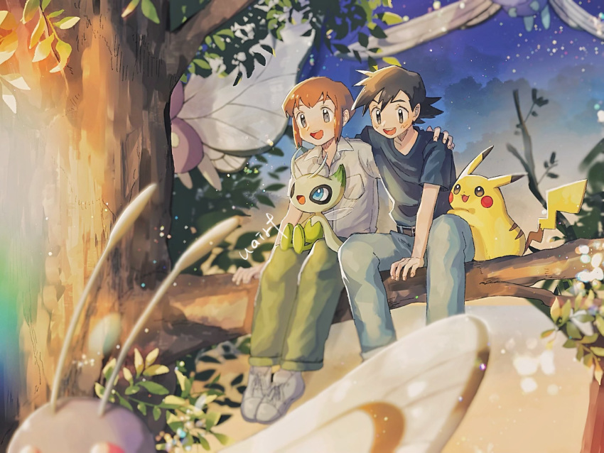 2boys, antennae, ash_ketchum, bangs, belt, black_hair, black_shirt, blue_pants
