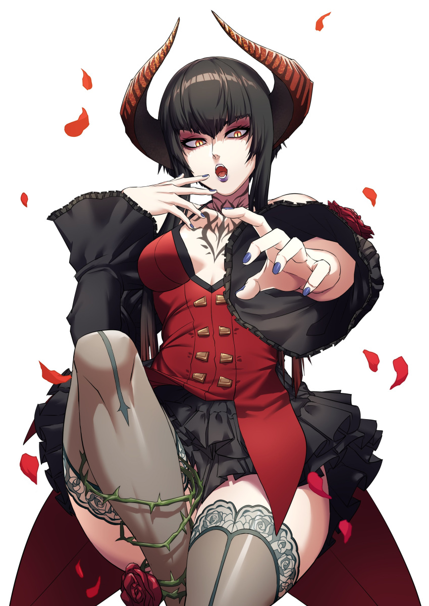1girl, absurdres, bangs, black_hair, black_sleeves, breasts, chest_tattoo, collarbone