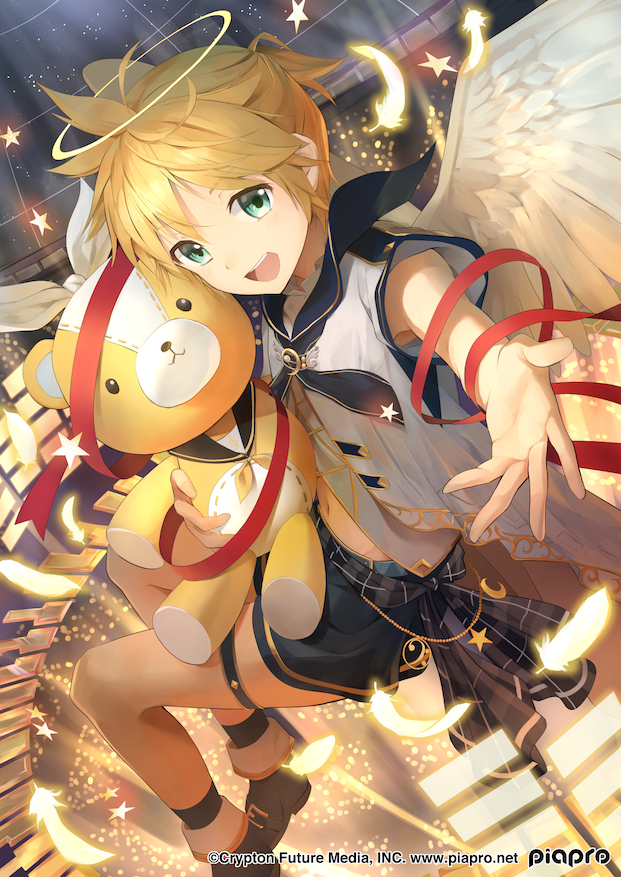 1boy, :d, angel_wings, aqua_eyes, blonde_hair, cocolo_(co_co_lo), crypton_future_media, feathers, halo, hatsune_miku_graphy_collection, kagamine_len, male_focus, open_mouth, outstretched_hand, ribbon, sailor_collar, shorts, smile, star_(symbol), stuffed_animal, stuffed_toy, teddy_bear, vocaloid, wings, yamaha_(company)