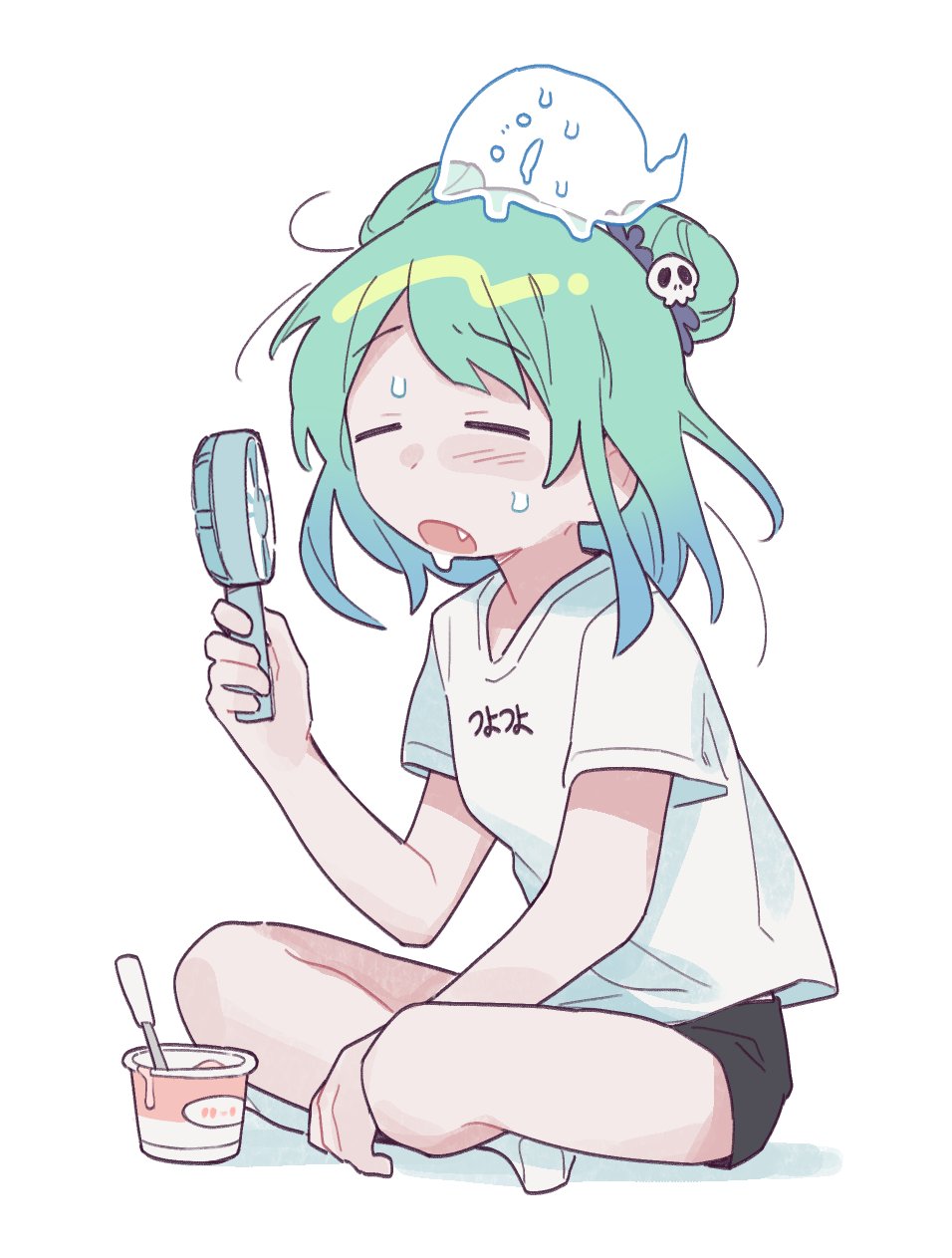 1girl, adan_imas, black_shorts, closed_eyes, double_bun, electric_fan, fang, food